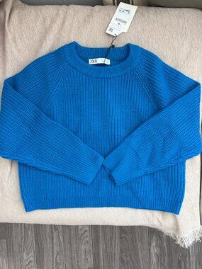 NWT Zara Bright Blue Chunky Ribbed Wool Blend Cropped Sweater L